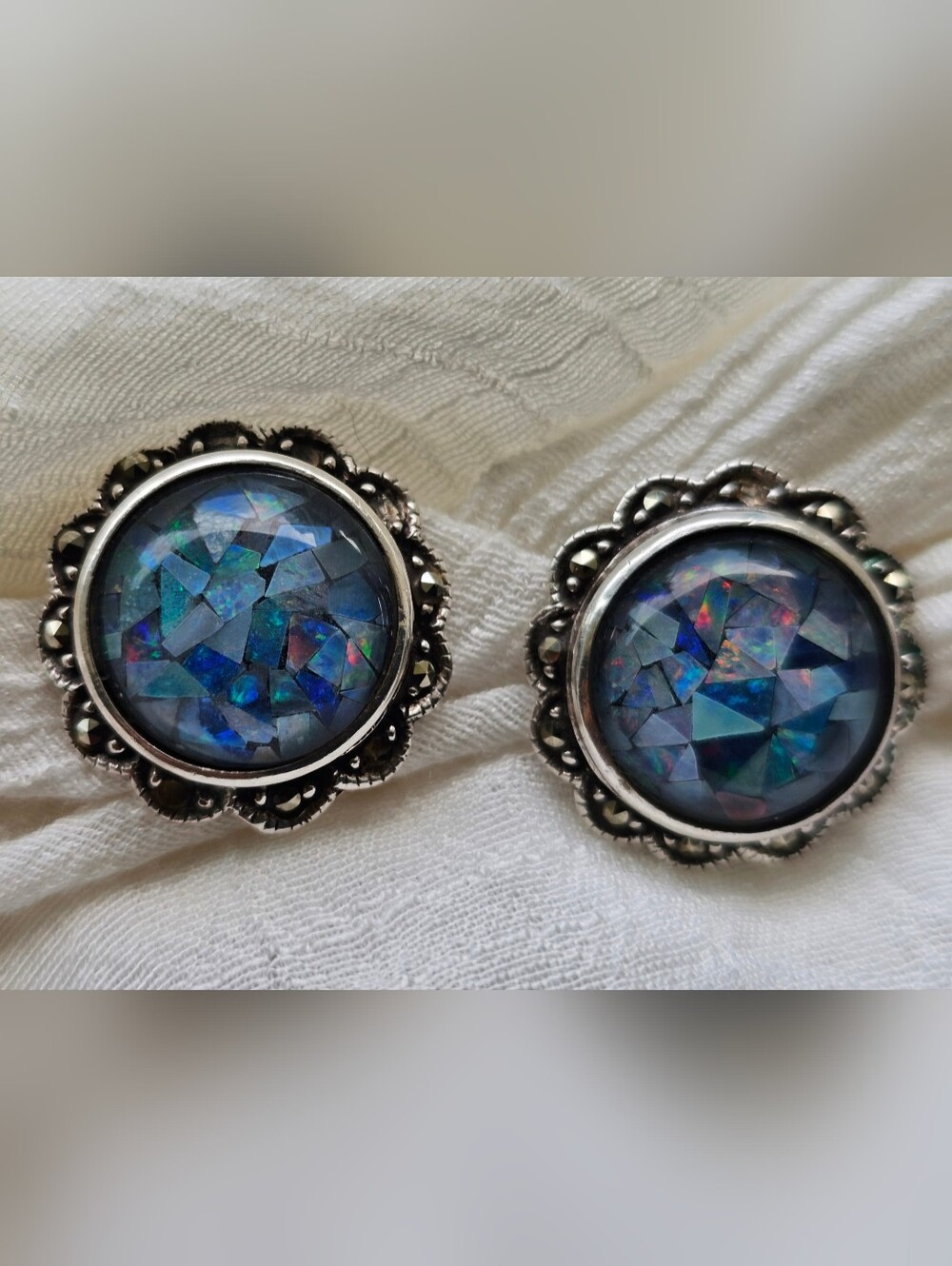 Black Opal Mosaic Marcasite Statement Earrings